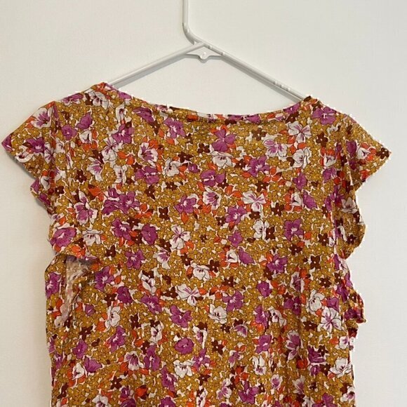 ANN TAYLOR Floral Linen Flutter Sleeve Tee White Mustard Pink Short Sleeve Top S - Picture 11 of 12